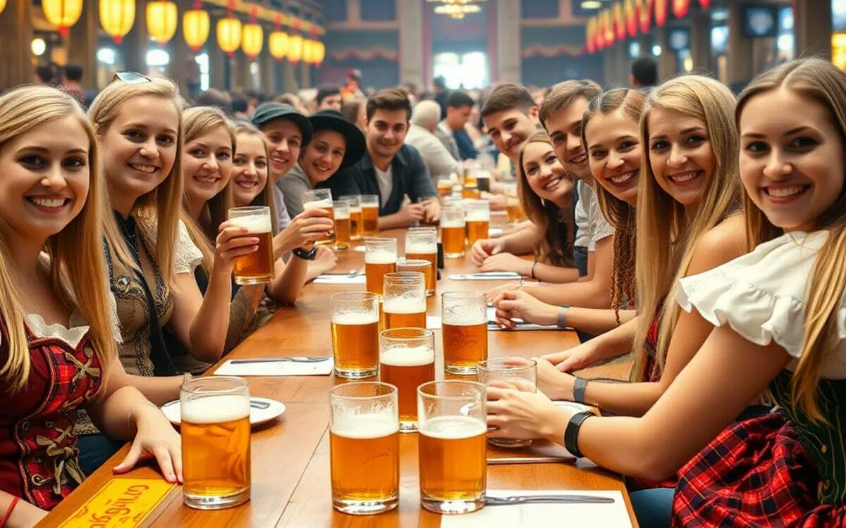 Ein gemütlicher voller Biertisch, wie man ihn auf dem Oktoberfest häufig antrifft!